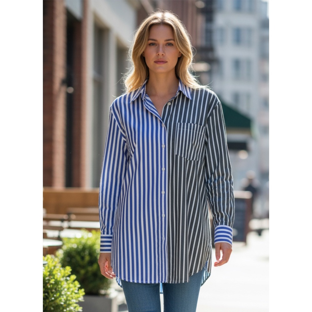 Talbots Petite Colorblock Striped Button Down Shirt Blue Gray Cotton